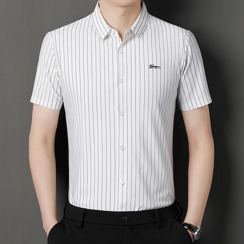 Men Fashion Summer Thin Striped Shirt Mulberry Silk Short-sleeved Shirt