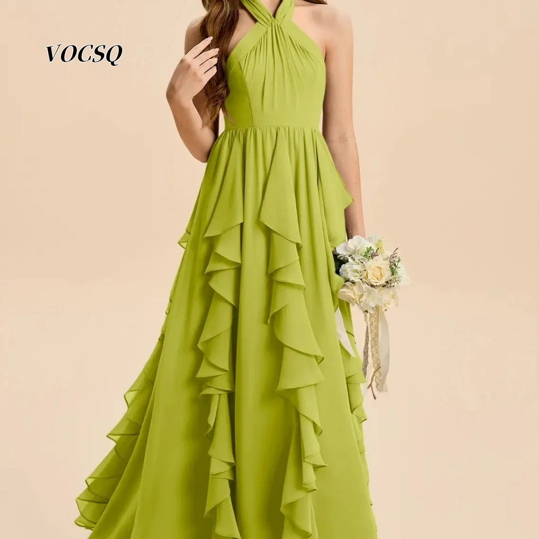 Junior Formal Dresses Halter Chiffon Gown Cascading Ruffle A Line Long Dress For Teen Graduation Party Bridesmaid Customized
