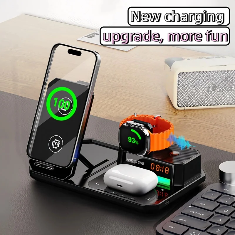 30W Digital Clock Wireless Charger RGB Light Bluetooth Speaker Fast Charging Station for Iphone Airpods Pro Apple Watch Stand