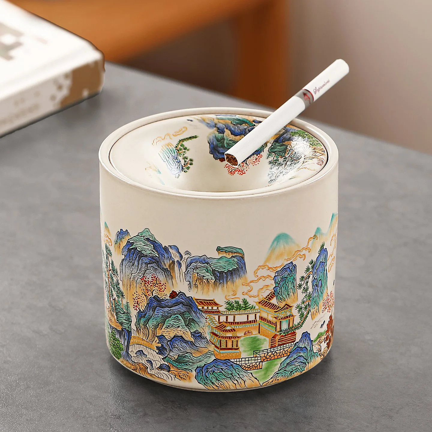 

Chinese Style Ru Kiln Funnel-Shaped Ashtray with Lid Anti-Fly Ash Ceramic Household Tea Residue Water Basin Tea Set Accessory