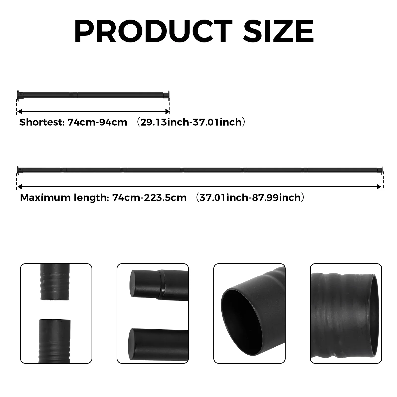 Adjustable Stainless Steel Shower Curtain Rod Clothes Drying Rack No-Drill Telescopic Pole for Laundry Room Bathroom 74-223.5cm