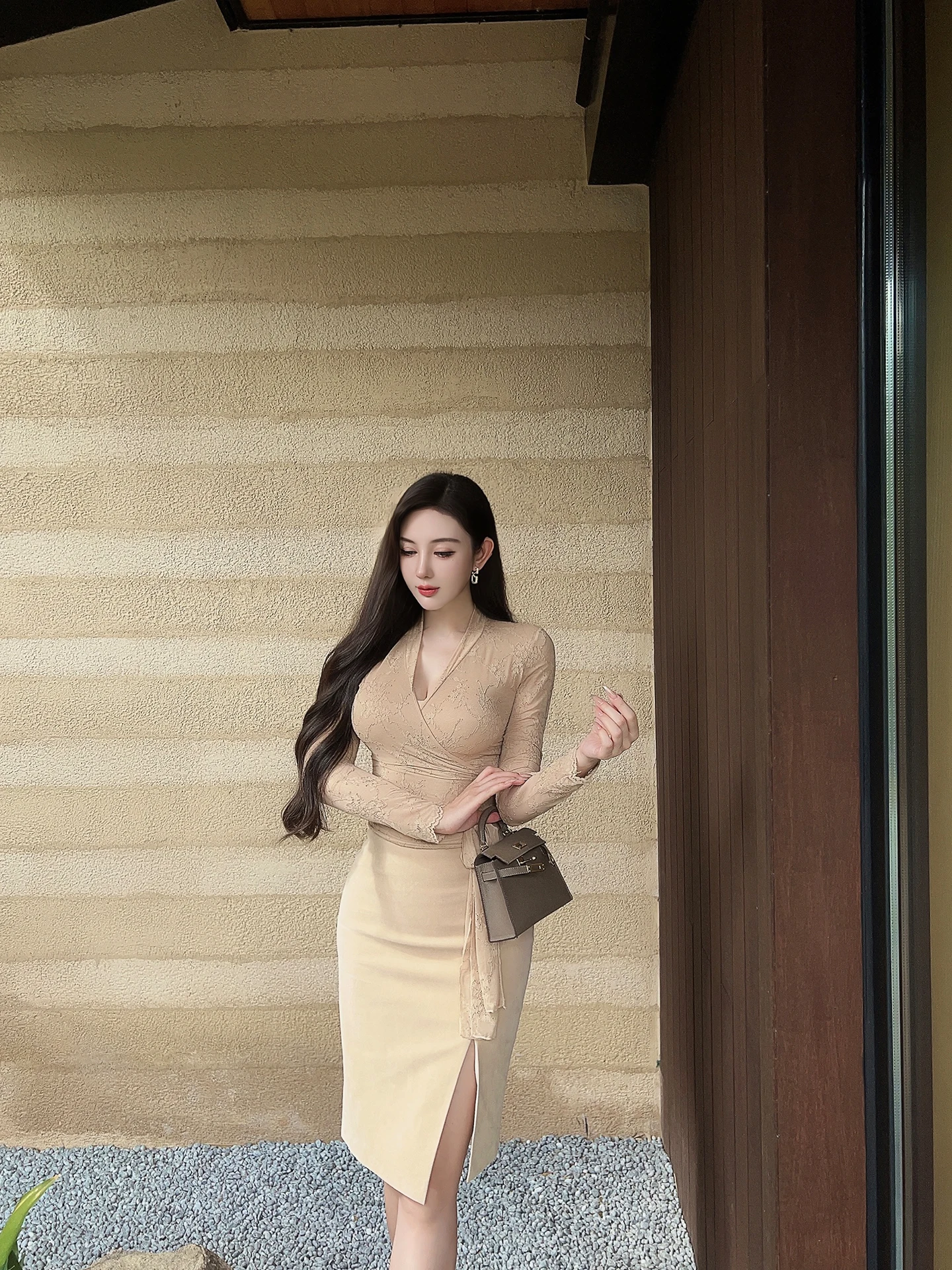 

Wang Jiujiu Light Apricot Suede Skirt Women's mid Waist H-ape Slim Fit Casual Sle Splicing Design Sister Sle