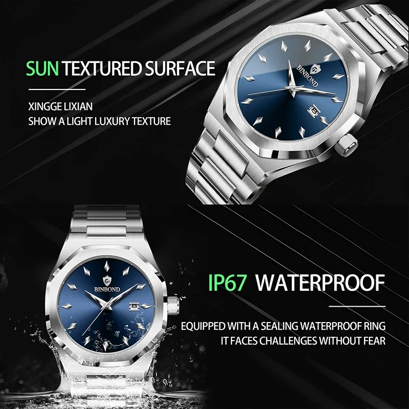 Binbond relógios masculinos de luxo à prova dwaterproof água data de negócios relógio de pulso masculino aço inoxidável esporte moda masculina relógio de quartzo