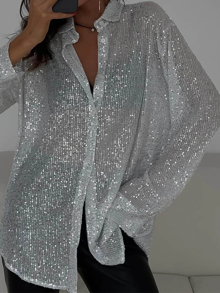 Tossy Sequin Loose Fashion Shirts Female Casual Lapel Cardigan Summer Clothes New Outwear Glitter Party Blouse Luxury Women\'s