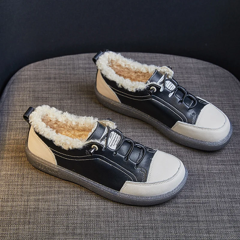 

Женские зимние ботинки на плоской подошве Fce на подкладке, на мягкой подошве, кожаные, повседневные, с круглым носком, на низком каблуке, TPR, модная, всесезонная