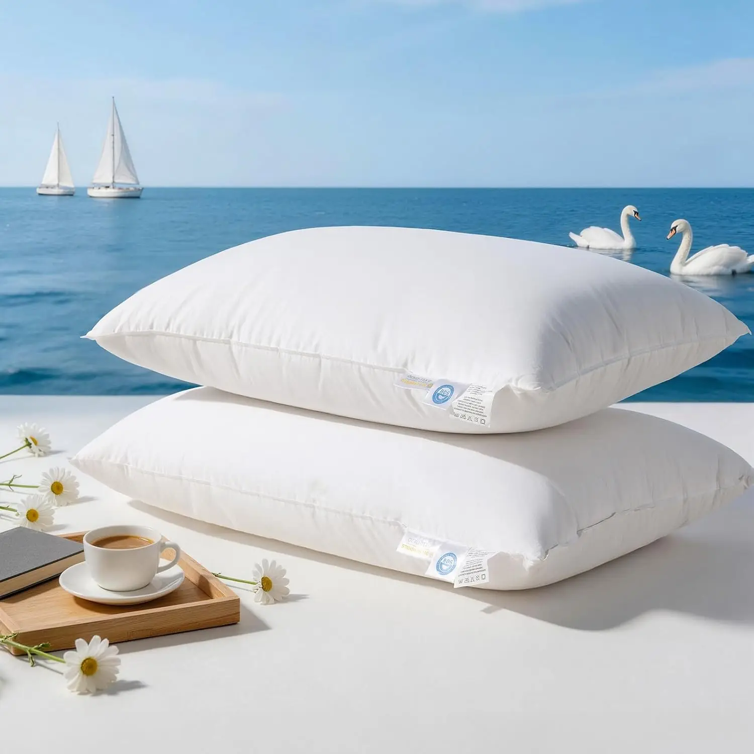 Goose Down and Feather Pillow Queen Size Set of 2, 100% Cotton Shell, 3-Chamber 5 Stars Hotel Pillow for Sleeping, Bed Pillows f