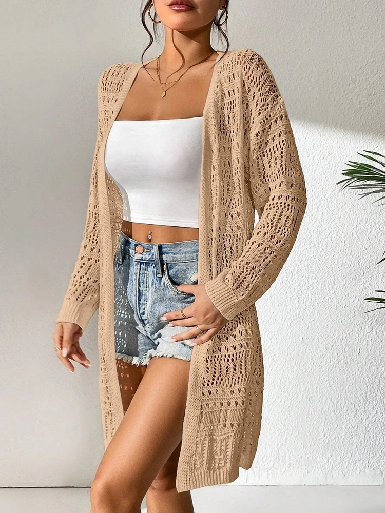 Damski ażurowy płaszcz w jednolitym kolorze w stylu Haori