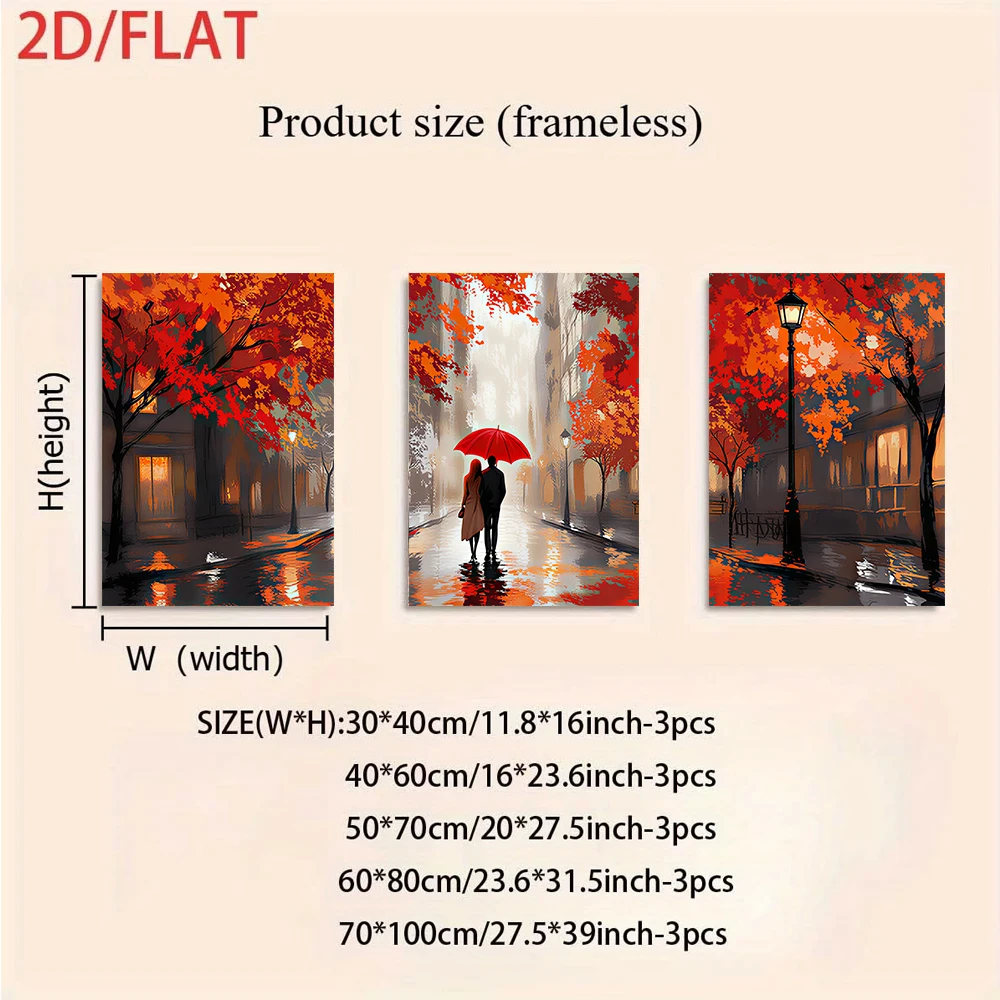 3PCS Frameless,1 set of three frameless 2D paintings depicting a couple holding a red umbrella on a rainy autumn night.