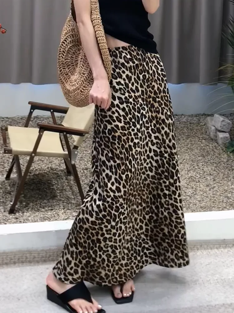 

American Vaion Sle Summer Leopard Print Skirt High Waist Drapey Versatile A-Line Midi Skirt Ele Casual Commute Wear