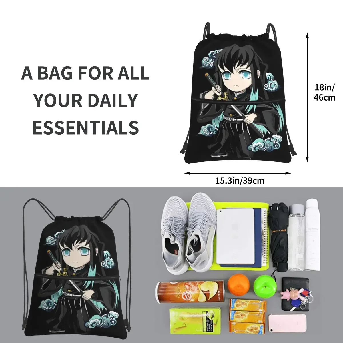 Chibi Mist Pillar Muichiro Tokito Portable Backpacks Drawstring Bag Drawstring Bundle Pocket Storage Bags For Travel Man Woman