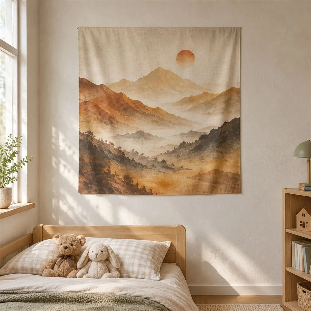 VIKAMA Muted Mountain Mist Center Panel Tapestry Wall Hanging, Wabi Sabi Wall Art Tapestries for Bedroom Living Room Study Dorm