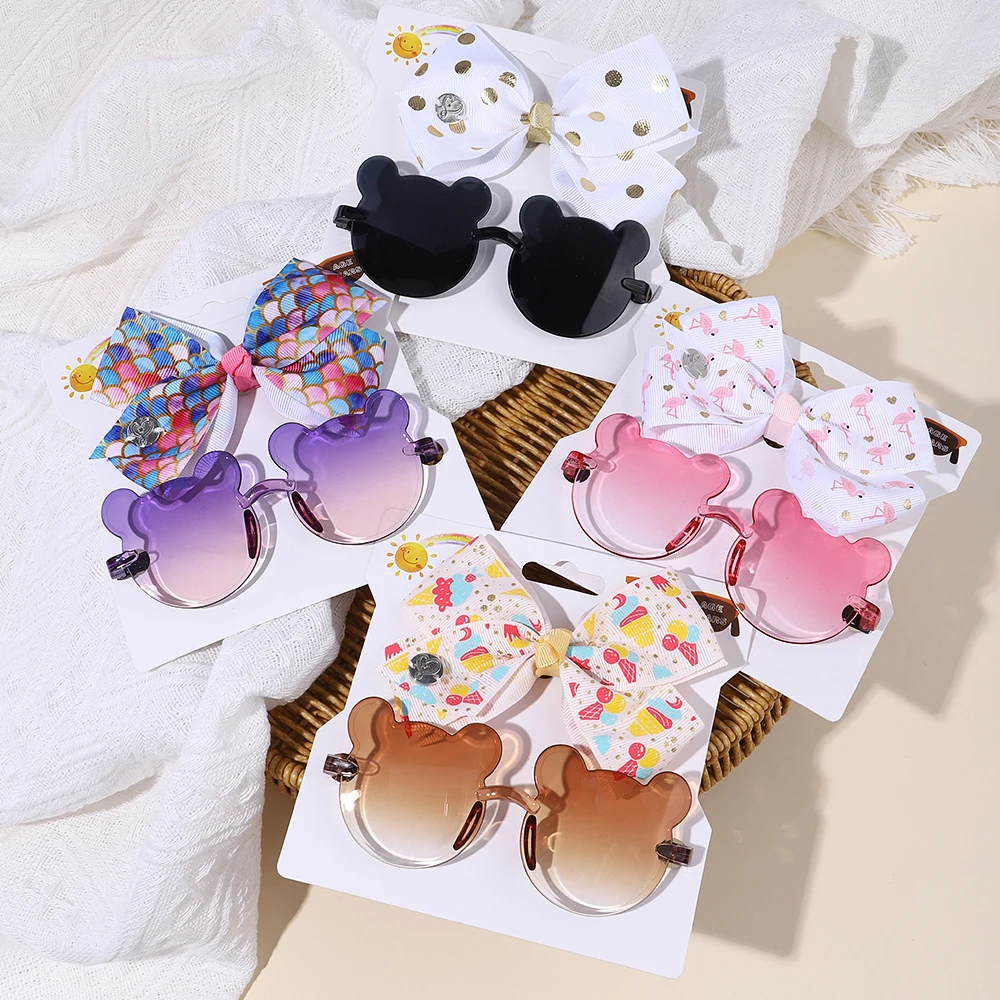 2Pcs/Set Newborn Baby Bowknot Hairclip Glasses Set Cute Big Bow Headband for Infant Kids Hair Band Little Bear Glasses Gift