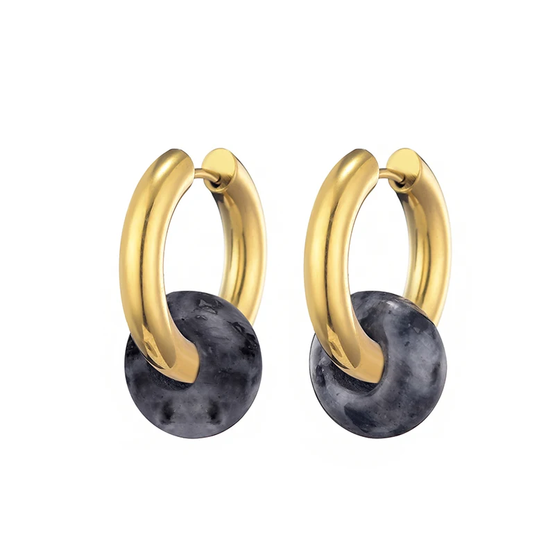 Women's Natural Stone Round Bead Hoop Earrings, Turquoise