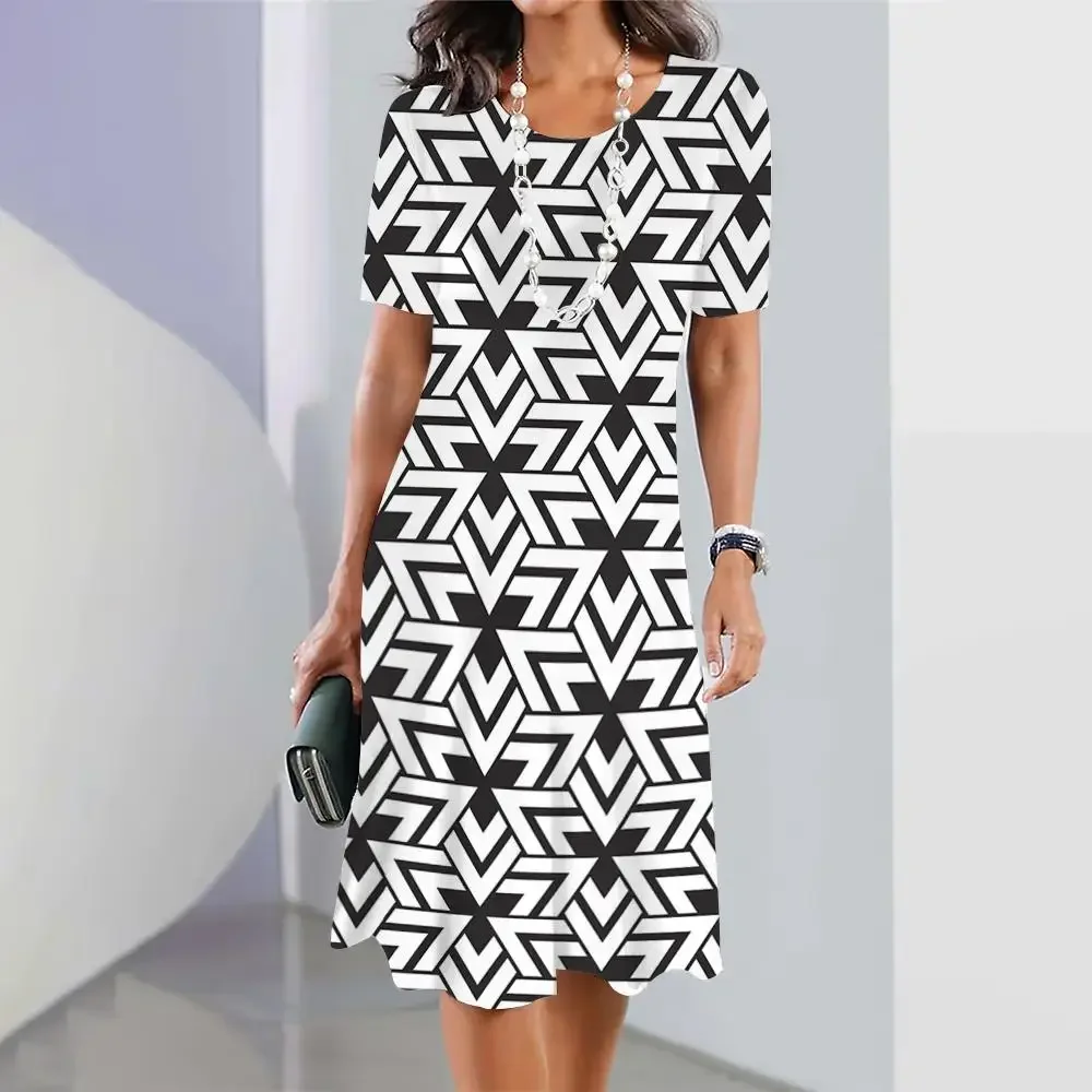 Vintage geometrie print jurken voor vrouwen plus size elegante korte mouw O-hals losse mini-jurk zomer streetwear dameskleding