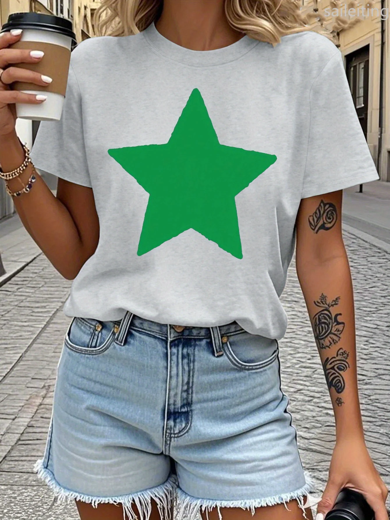 Camiseta informal para mujer con gran estrella verde, camiseta informal con manga Harajuku para mujer, ropa de calle, camisetas, ropa estética