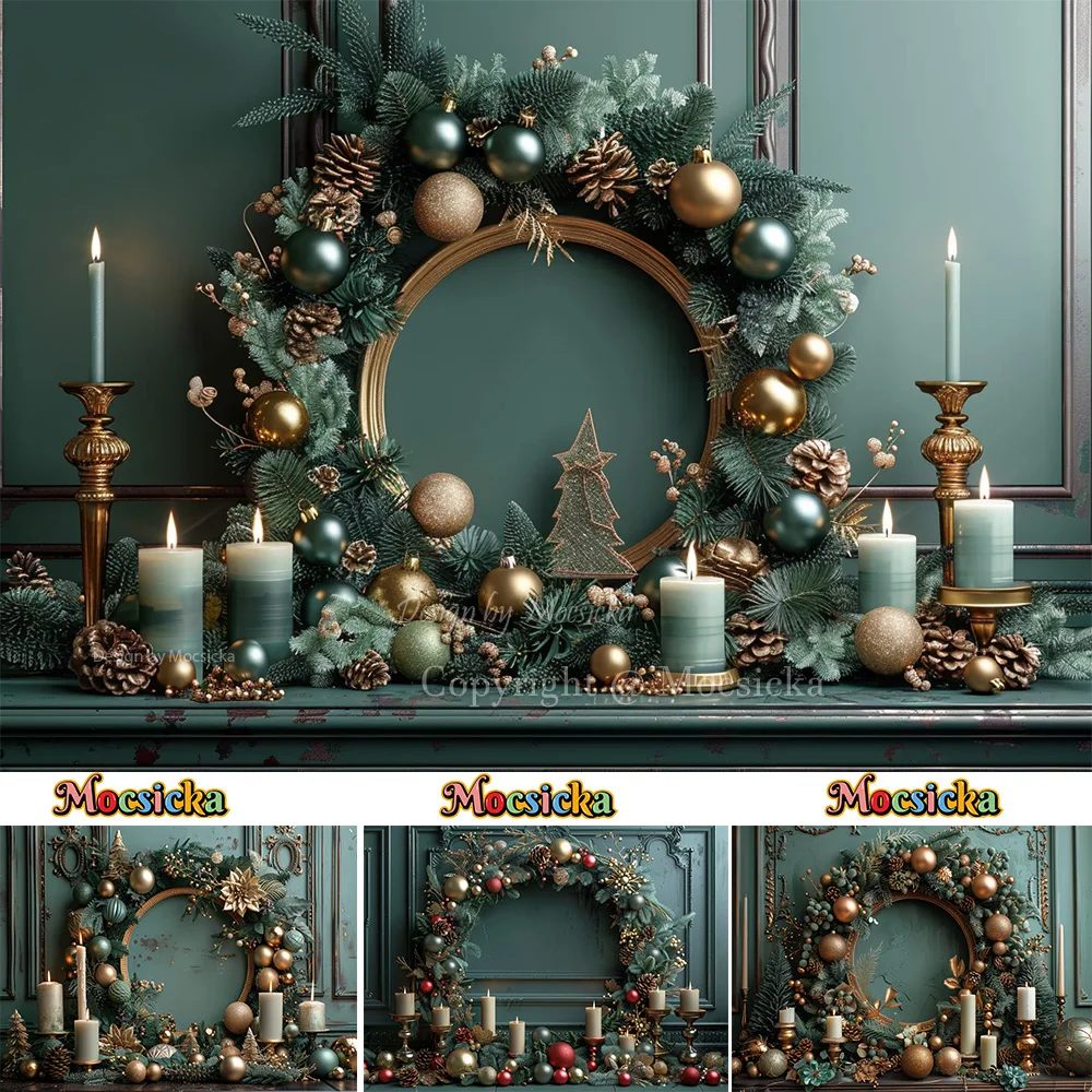 Green Christmas Background Wall Gold Xmas Ball Garland Backdrop Holiday Party Candle Booth Winter Family Portrait Photo Studio