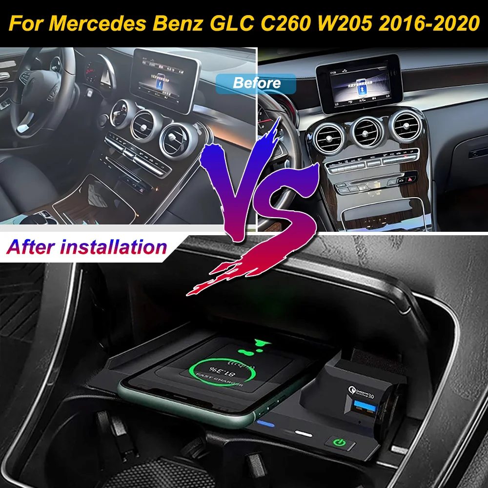 Carregador de celular sem fio 2Din para Mercedes Benz GLC C260 W205 2016-2020, suporte para console central com carregamento rápido.