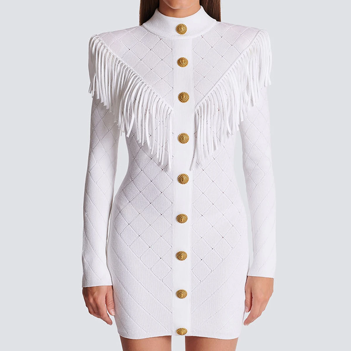 

Spring And Autumn New High Quality Fashion Atmosphere Commuter Knitted V-Neck Tassel Slimming Long Sleeved Dress For Women