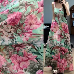 Luxury Women Dress Super Digital Green Pink Peony Heavy 100% Pure Mulberry Silk Chiffon Fabric Wide 138cm Woven Wholesale Retail