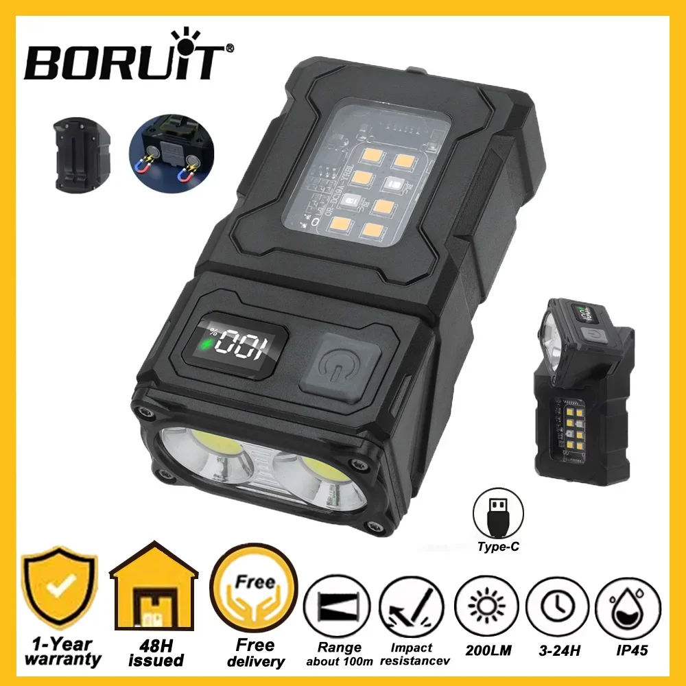 

Фонарь-брелок BORUiT EDC с поворотом на 180°, магнитный, мощный, перезаряжаемый через USB-C, рабочий фонарь, для кемпинга, рыбалки, аварийный светильник