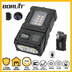 BORUiT-Llavero con linterna EDC, lámpara de emergencia con 180 rotaciones, potente USB-C magnética, recargable, luz de trabajo, Camping y Pesca