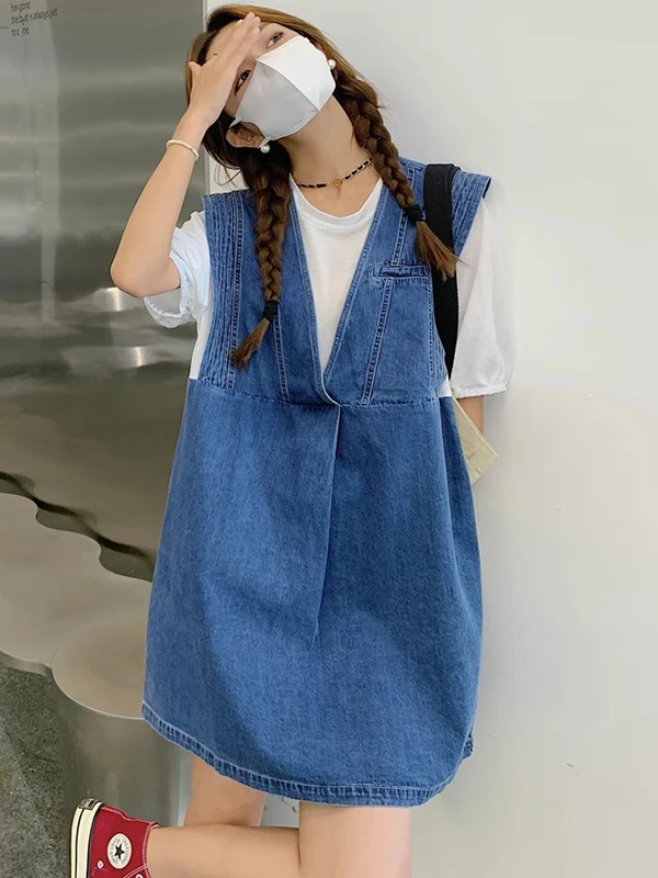 

Women's Loose plus Size Svel Denim Vest Dr Set with ort Sve T-irt Versatile Meat Covering Faionable Outfit