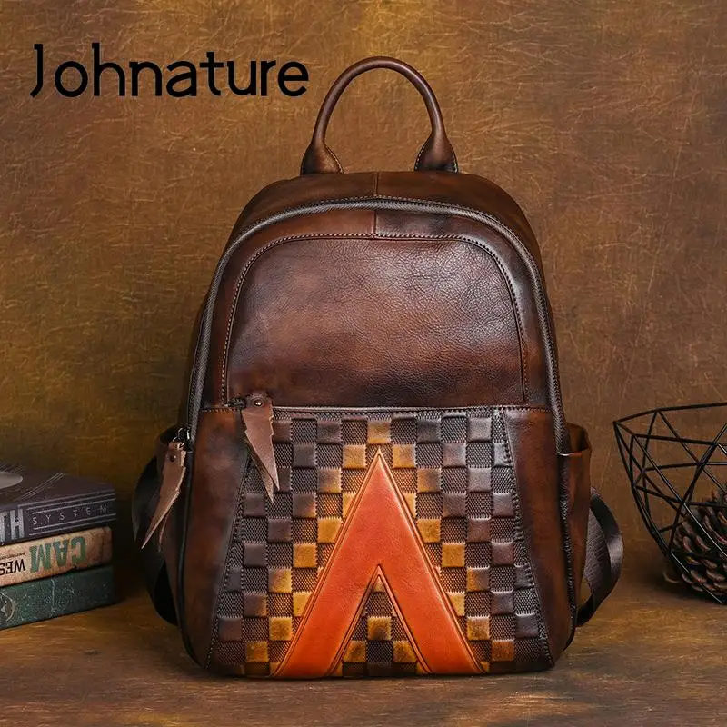 

Johnature Genuine Leather Retro Women Backpack 2024 New Chinese Style Embossing Large Capacity Natural Cowhide Travel Bags