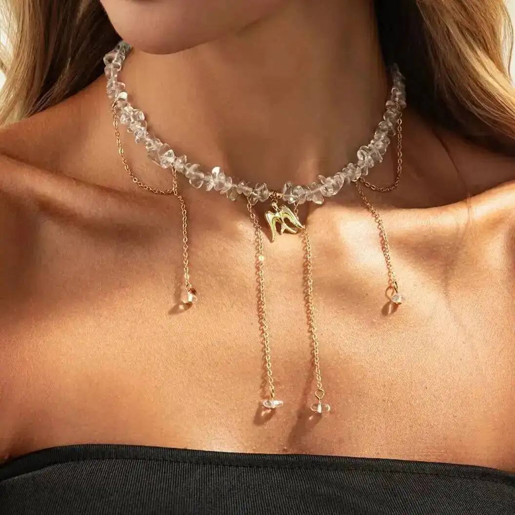 

KunJoe Elegant Crystal Beaded Choker Necklace Women Fashion Metal Tassel Pendant Necklace Clavicle Chain Bride Wedding Jewelry
