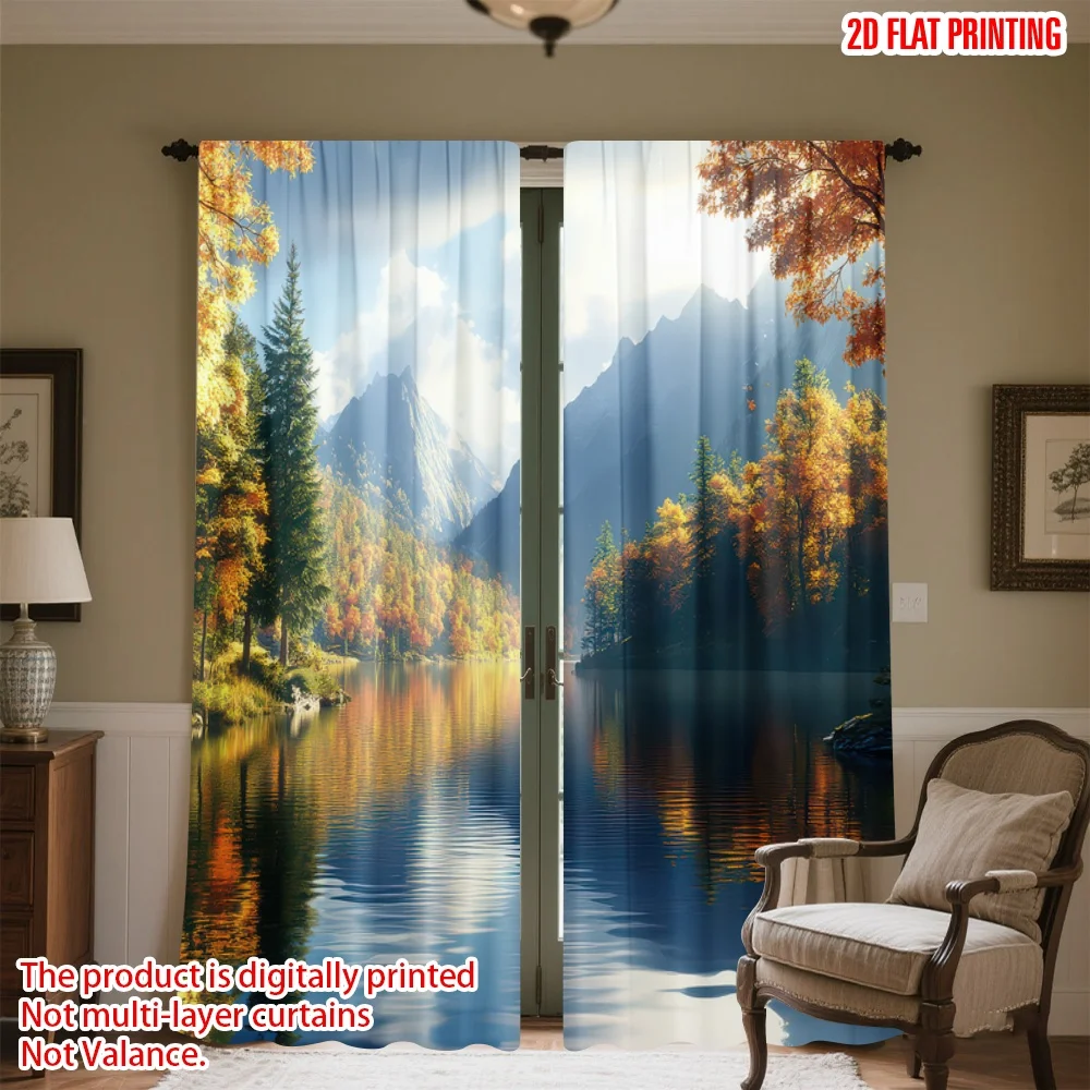 

2D flat printing 2pcs Party Curtain Mountain Lake in Autumn Digital Printed Polyester Drapes Family Party Decoration Use for