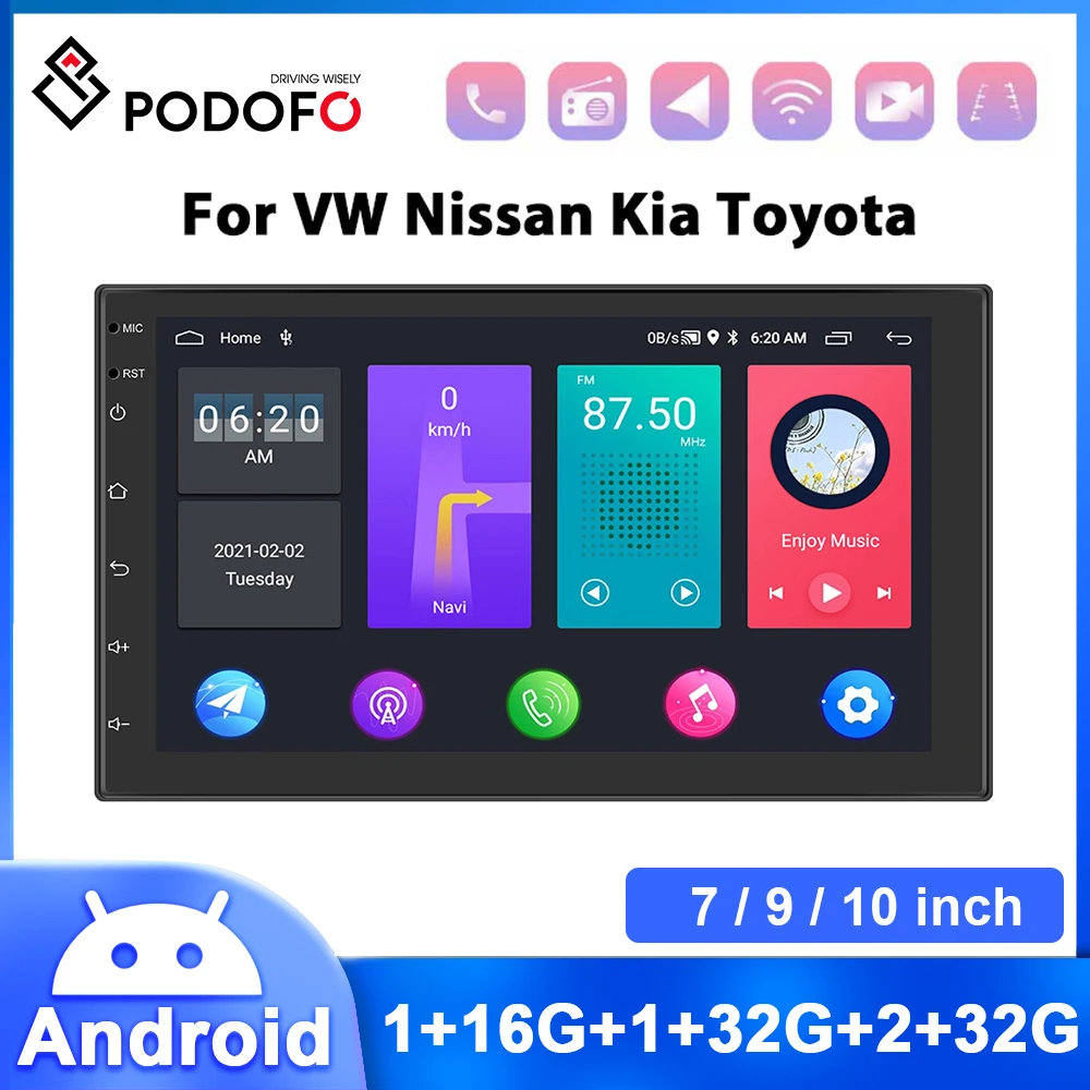 

Podofo Radio 2din Android 11 Car Multimedia Player 7" 9" 10" Stereo Receiver GPS Tape Recorder For Volkswagen Nissan Kia Toyota