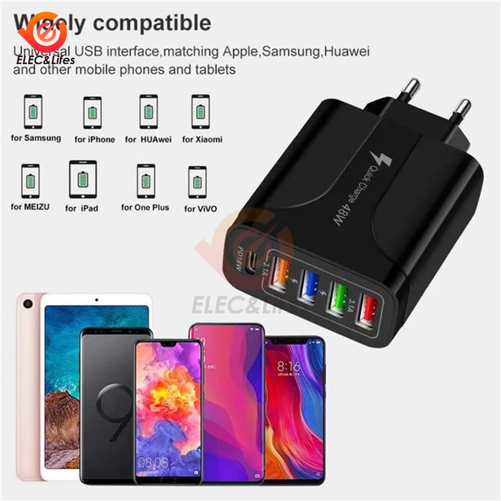 4 USB EU USプラグ充電器クイックチャージ3.0 iPhone 14 Pro Maxタブレットポータブル壁携帯充電器用