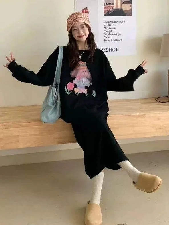 

plus Size Casual Fashion Set Women's Long Sleeve Sweatshirt Skirt Two Piece Set Spring Autumn Comfortable Loose Fit T-Shirt