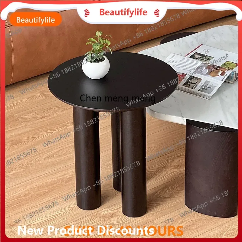 H  Round solid wood edge table, small table size coffee table combination next to the sofa in the living room, black corner tabl