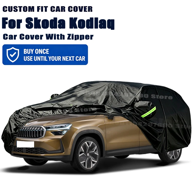 For Skoda Kodiaq Car Cover With Door Zipper Waterproof Snow Rain Sunshade Anti-UV Dustproof Outdoor Protector