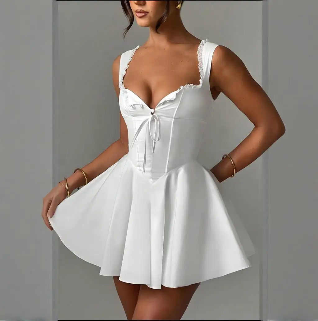 Dress Women\'s New Style Sexy Lace V-Neck European and American Solid Color Summer Spaghetti Strap Fashion Retro Splicing Slim Fit Elegant Lady Party