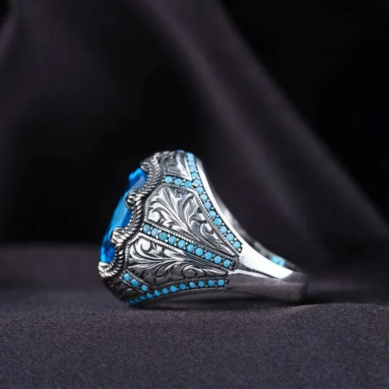 Retro Handmade Turkish Signet Ring For Men Vintage Ancient Silver Color Carved Blue Zircon Ring Punk Motor Biker Muslim Jewelry
