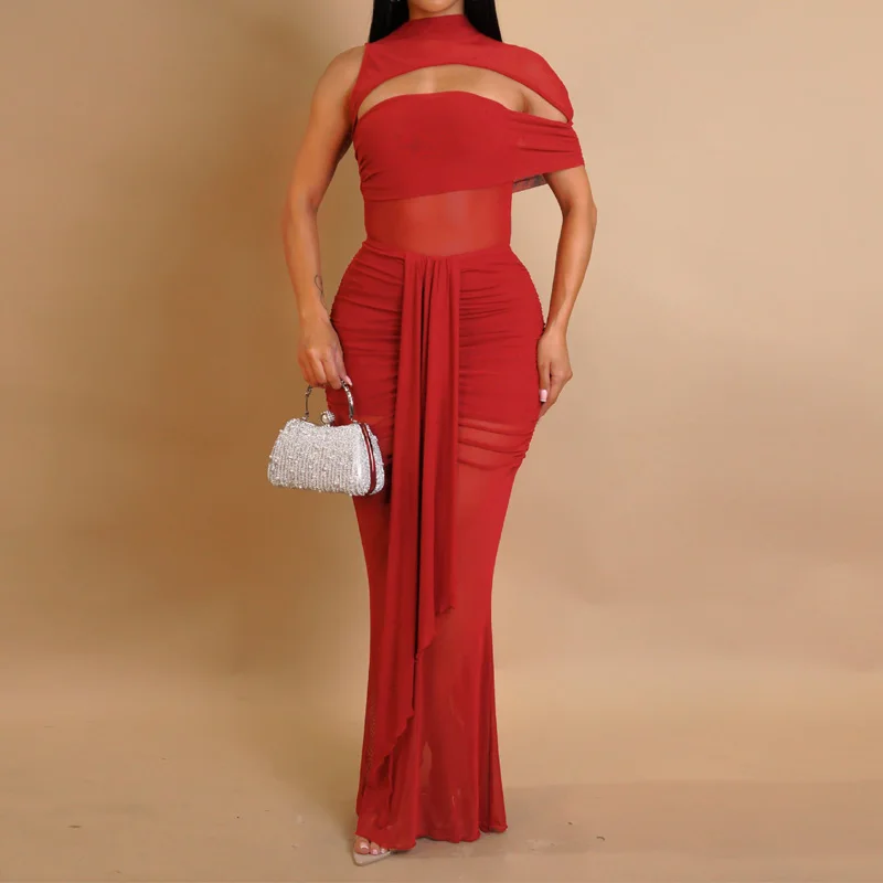 Slergiri Abito da donna sexy con scollo a lupetto in rete con spalle scoperte, festa da sera, elegante tubino aderente con volant, maxi abiti lunghi