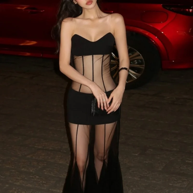 Sexy Tube Top Dress Women See Through Strapless Mesh Patchwork Bodycon Long Dresses Evening Party Dresses Clubwear