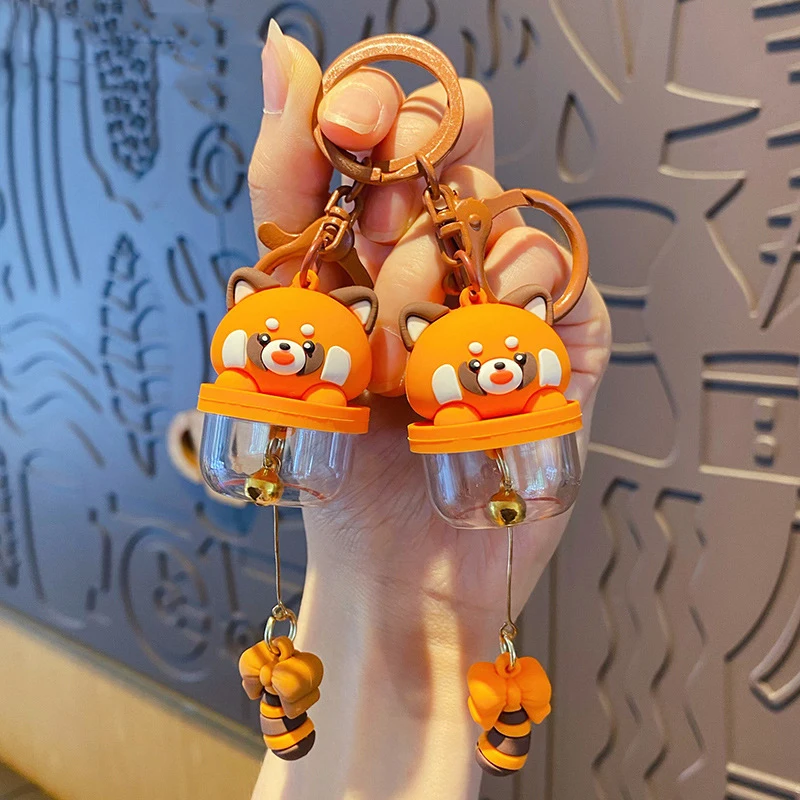 Cute Cartoon Raccoon Fruit Wind Chimes Buckle Key Chain Female Delicate Doll Raccoon Tail Bow Strap Pendant Keychain for Women