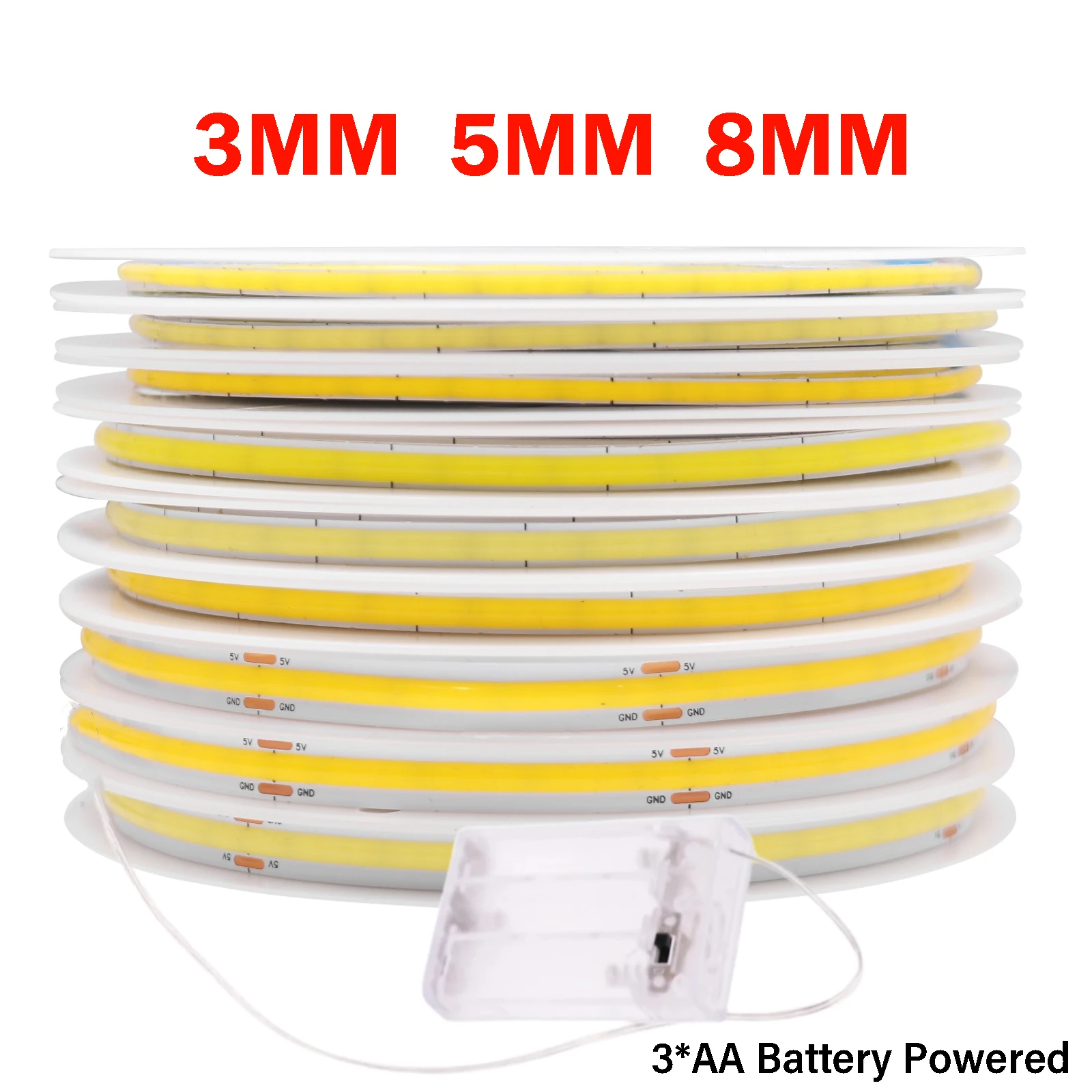 

3MM 5MM 8MM COB Led Strip 5V 320 LEDs/M with AA Battery Box Powered Warm Natural Cool White Blue Red Tape for Room TV Backlight