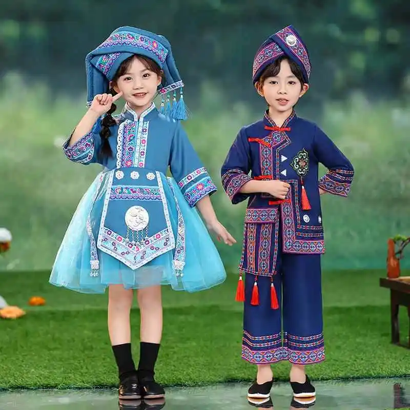 

Детский день, большой костюм минори для хора, костюм для выступлений Мяо для девочек, одежда Чжуанская сова, танцевальная одежда Хани, сценический наряд