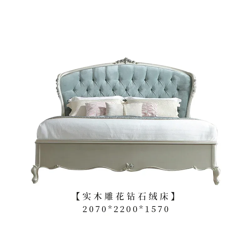 French Style Wood Carved Fabric Bed European Style Villa Large Flat Floor Master Bedroom Princess Bed