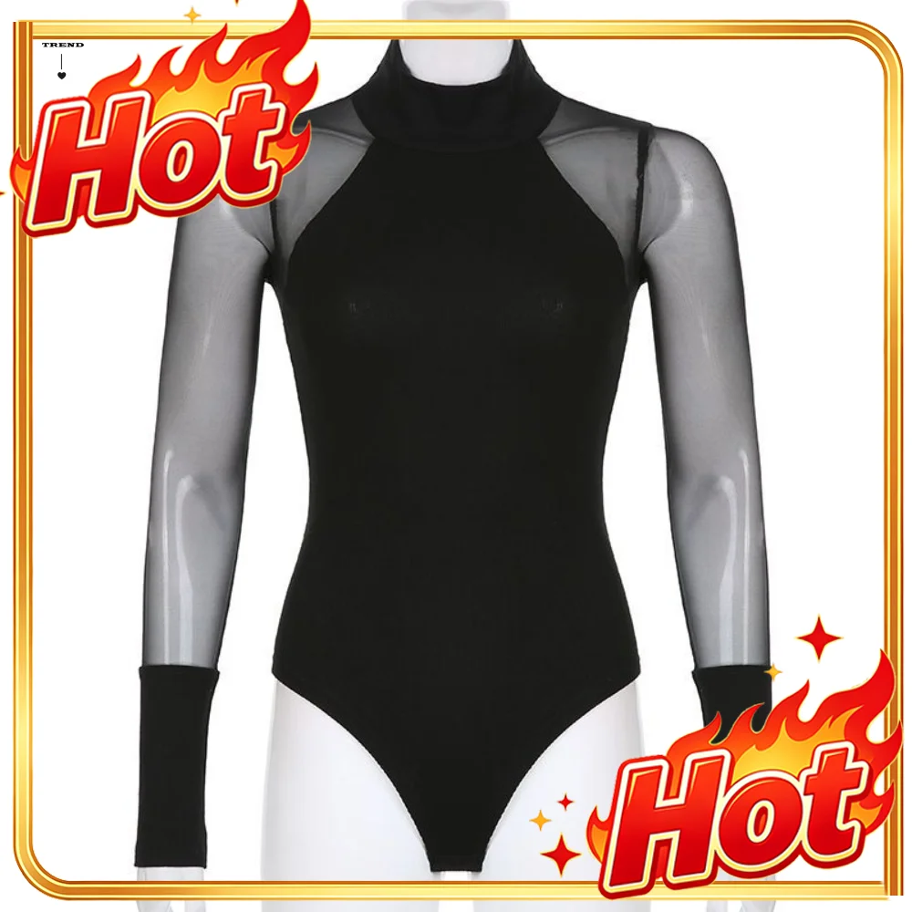 High Collar Long Sleeve Jumpsuit Slim Fit Simple Lace Bottoming Shirt All-match Translucent Romper Shorts Get-together