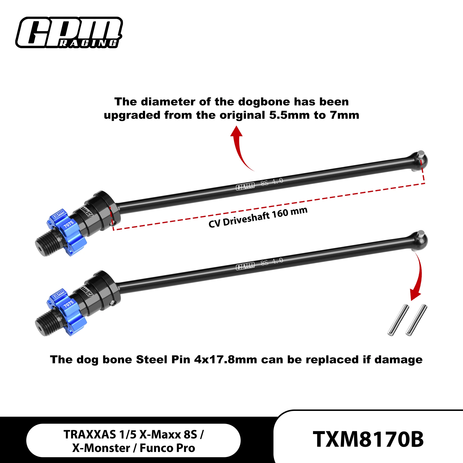 

GPM Carbon Steel F/R Driveshaft &7075 Alu Hex TRAXXAS 1/5 X-Maxx 8S Funco Sand 77086-4