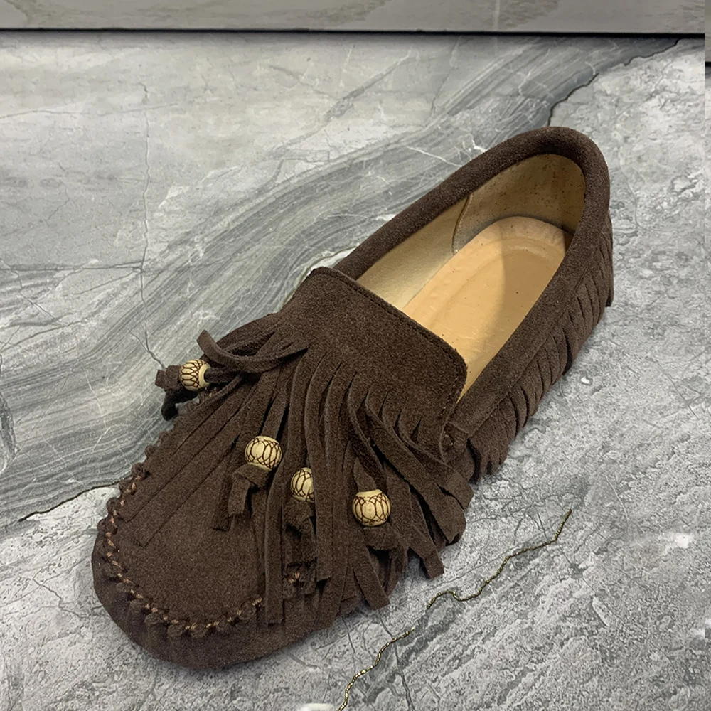 Fashion Leather Women Shoes Plus Size Casual Flat Mullers Antislip Female Loafers Tassels Designer Shoes