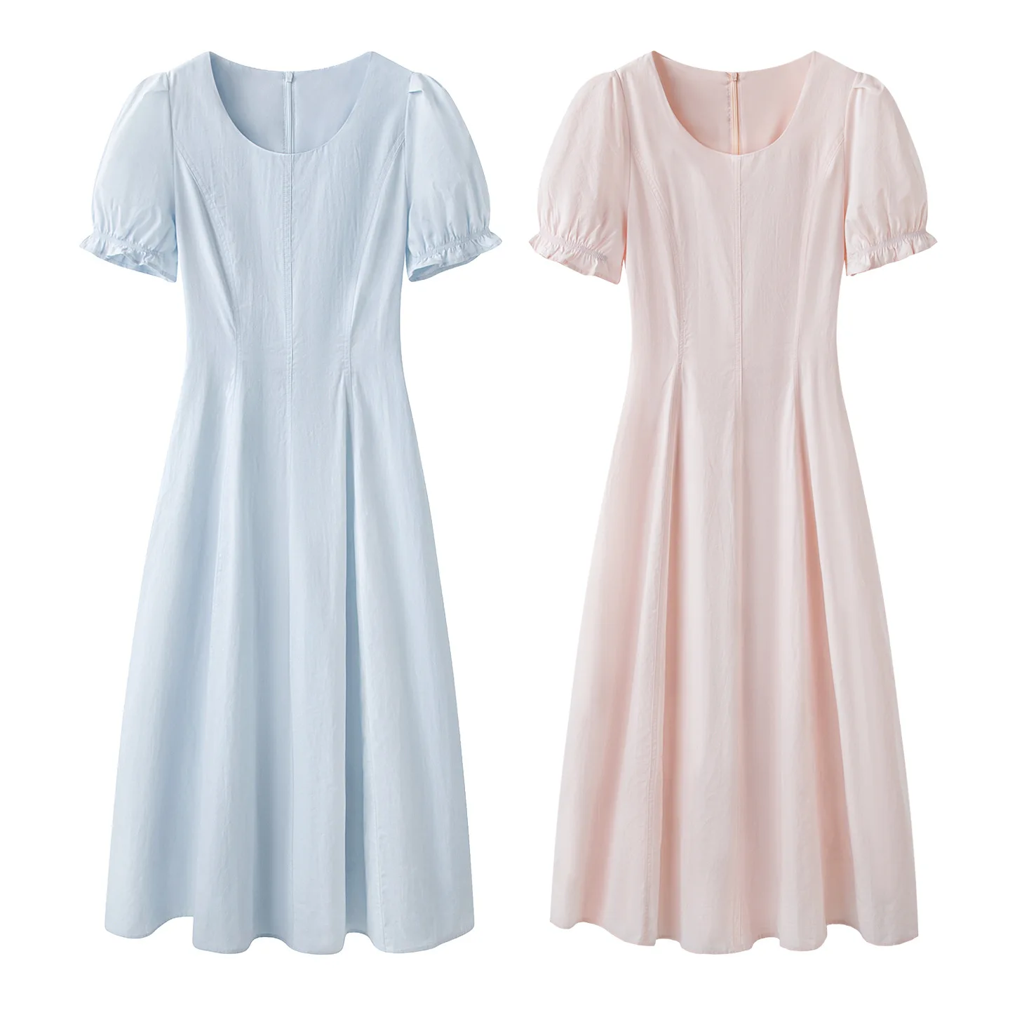 Maxdutti Round Neck Dress, 2026 Summer New Style, Gentle And Sweet Temperament, Bubble Sleeves, Waist Cinching Umbrella Skirt