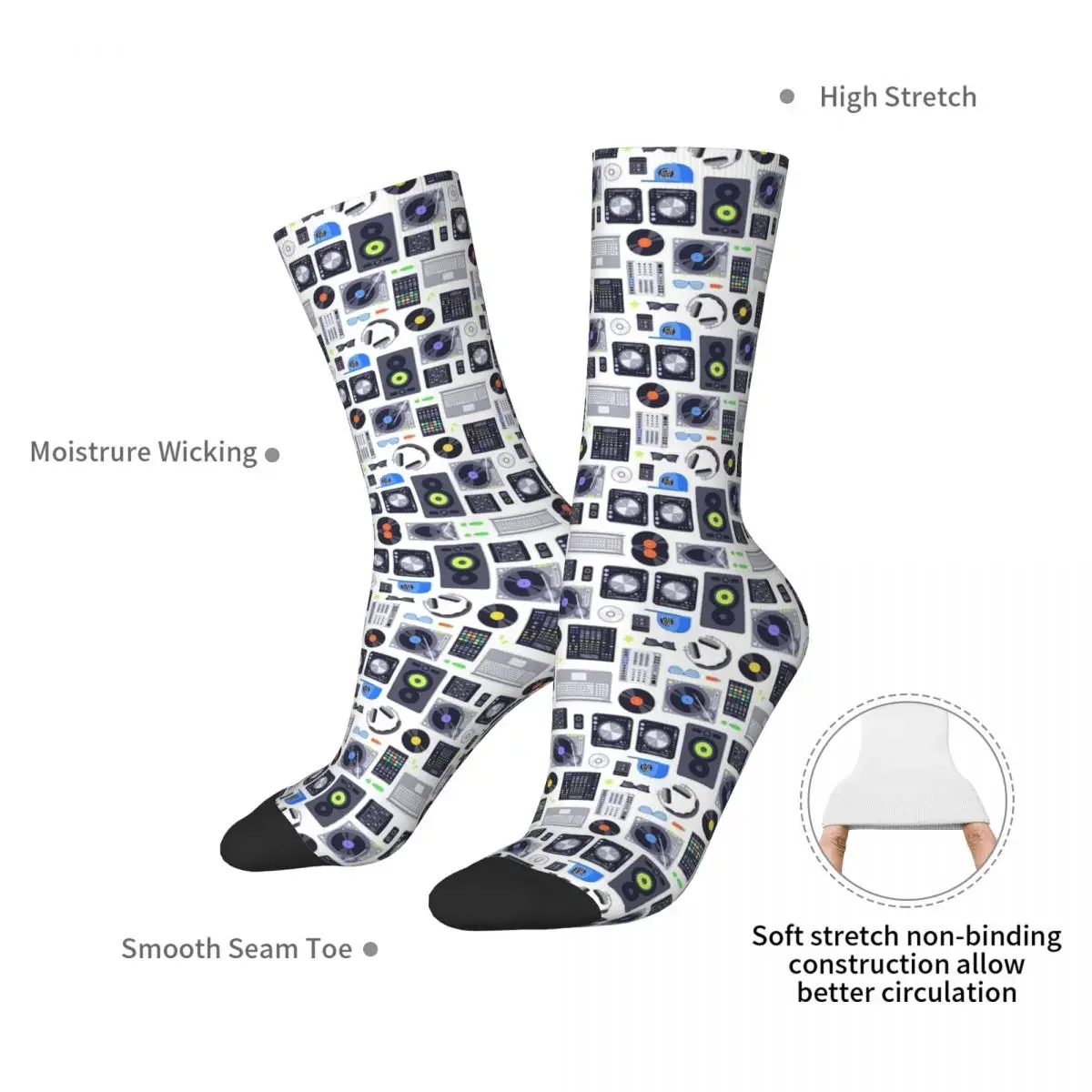 Discjockey Pattern DJ Music Vinyl Turntables 3 Socks Harajuku Stockings All Season Long Socks Accessories for Man's Woman Gifts