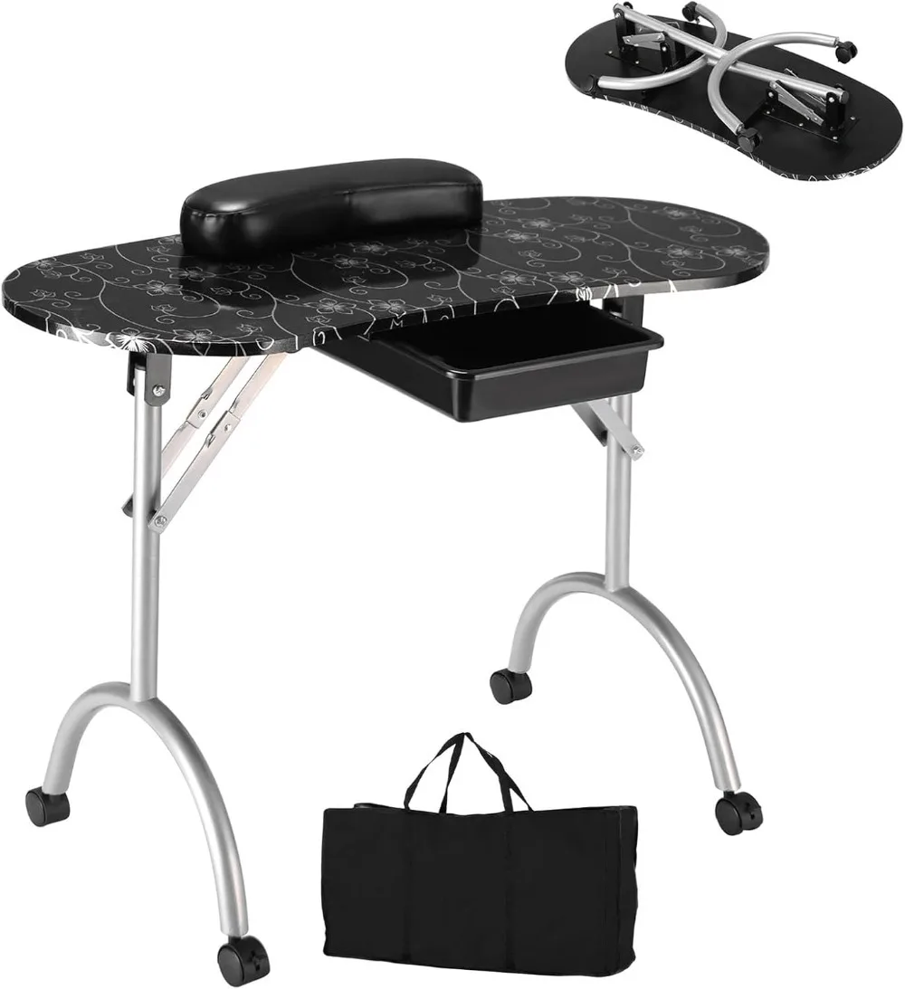 

Portable Nail Table, Foldable Nail Tech Desk Station with Large Drawer, Removable Armrest Pad, Lockable Casters & Carrying Bag