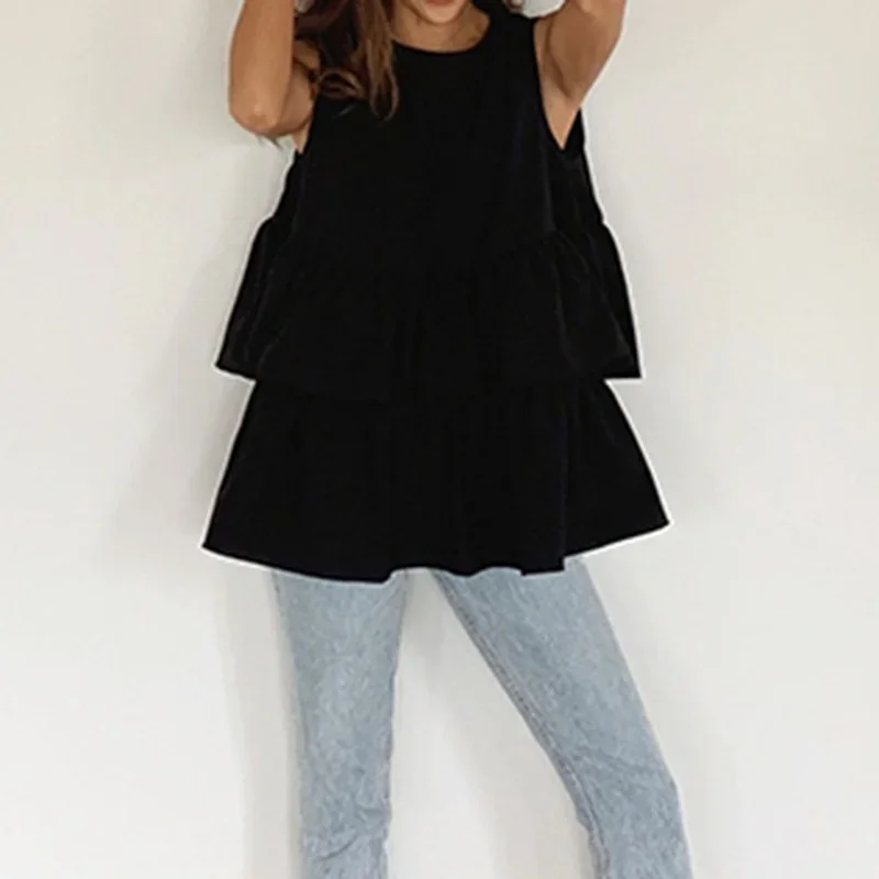 

Black Sleeveless Women's 2021 New Fashion Summer Kawaii Round Neck T-shirt Top with Ruffled Cute Korean Loose Women's Vest Top