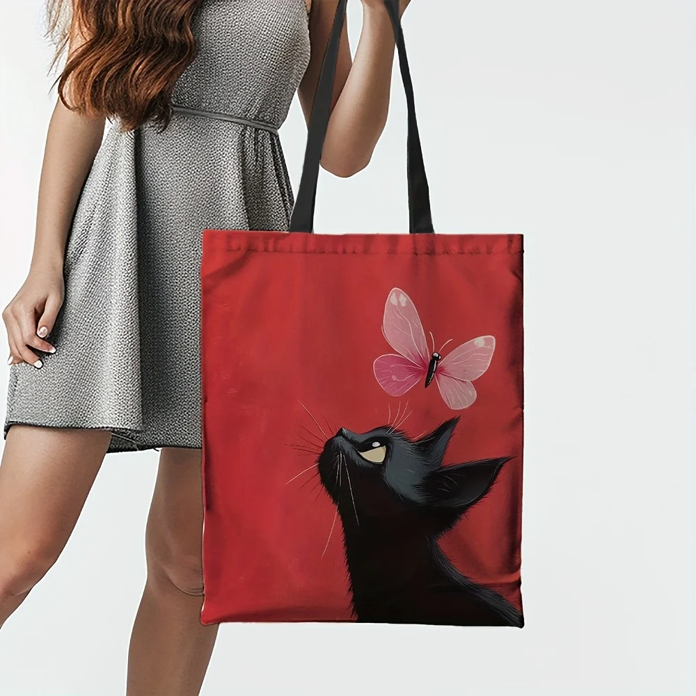 Tote Bags For School Canvas Print Kitten Butterfly Durable Polyester Rectangular Shopping Everyday Use